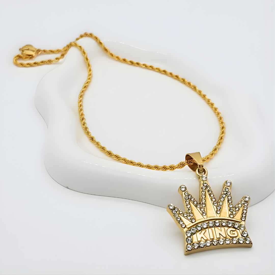 18K Gold Filled Iced Out "KING" Crown Pendant Necklace – Pavé CZ Royal Crown Rope Chain Necklace for Men & Women